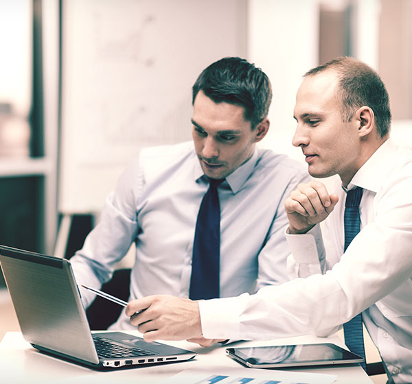 Professional bankers looking at computer